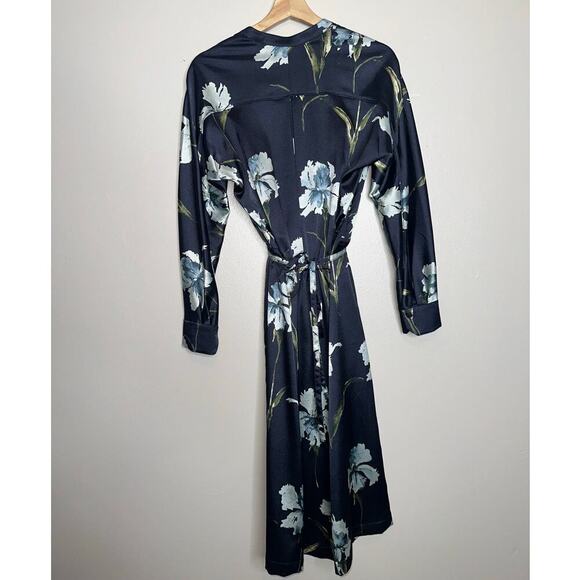 Vince Iris Print Long Sleeve Faux Wrap Midi Dress Navy Blue Floral Satin Small - Picture 8 of 9